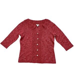 J JILL Cardigan Sweater Medium Red Marled Cotton Blend Button Front 3/4 Sleeves
